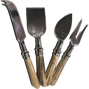 Set of 4 Cheese Utensil 2-Knives, 1-Spatula, 1-Fork Wooden Handles Made in India